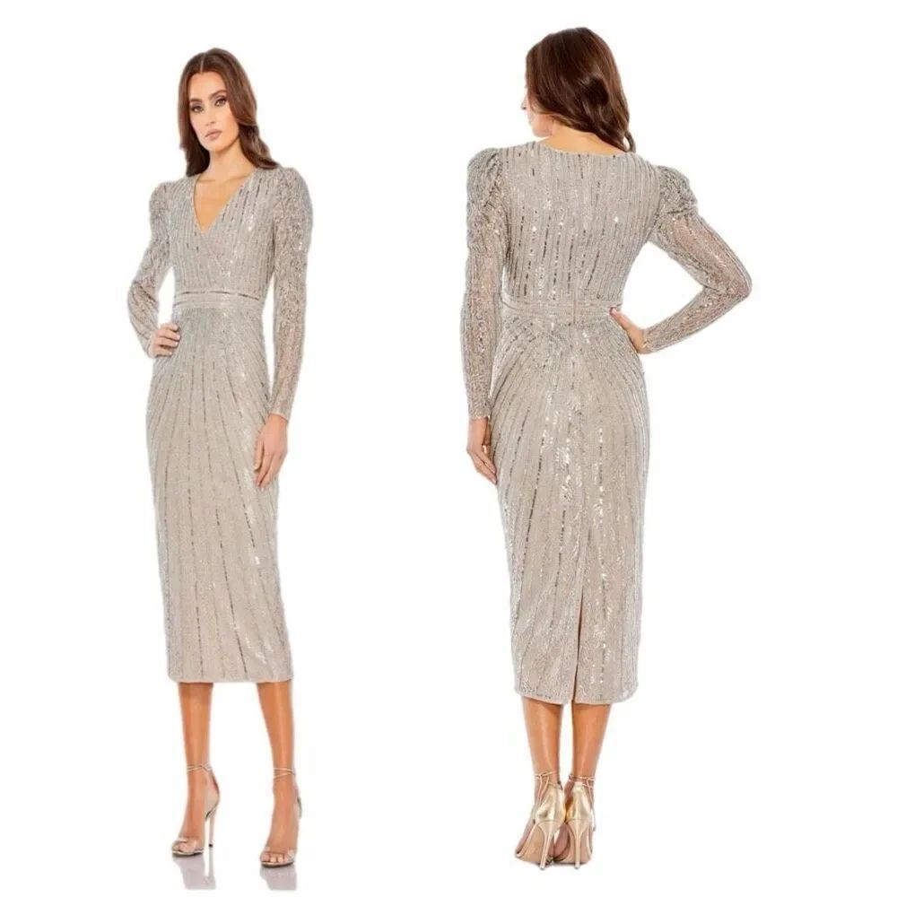 NWT Mac Duggal Beaded Column Dress for Cocktails. In silver/ taupe Size 2 Styl